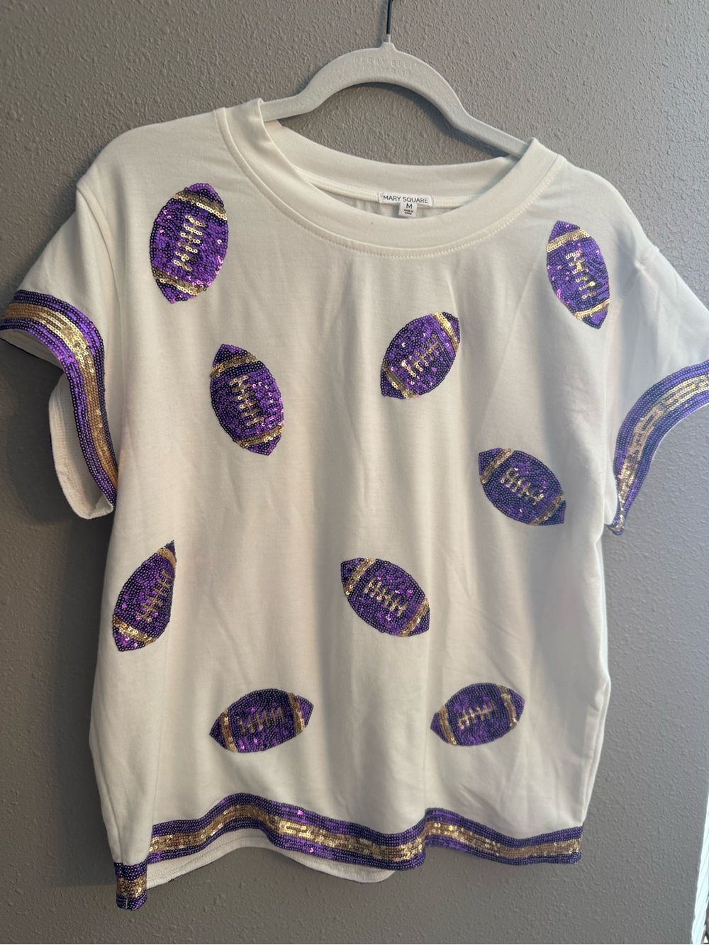 White ladies Sequin Football Tee - Purple & Gold Accents